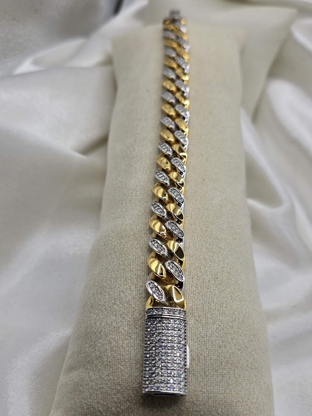 18k Yellow Gold & Rhodium Over Sterling Silver Cuban Link Moissanite Bracelet